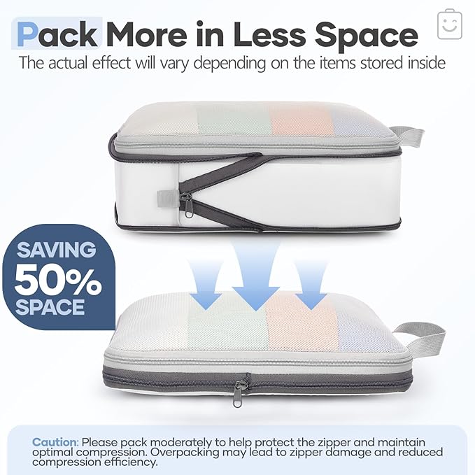 Veken 9/11 Set Compression Packing Cubes for Travel Essentials, Compressible Expandable Large Luggage Suitcase Organizer Bags for Clothing, Durable Space Saver Storage Bags with Toiletry Bags (White)