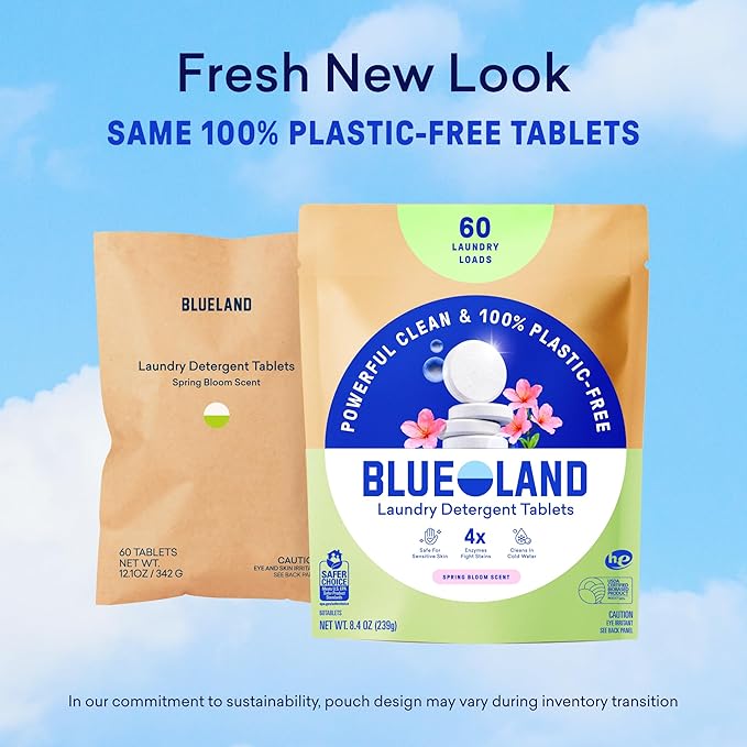 BLUELAND Laundry Detergent Tablets, 120 Count, Spring Bloom Scent, Plastic-Free Eco-Friendly Pods, Sheets, Liquid Alternative - Safe for Sensitive Skin, Gentle