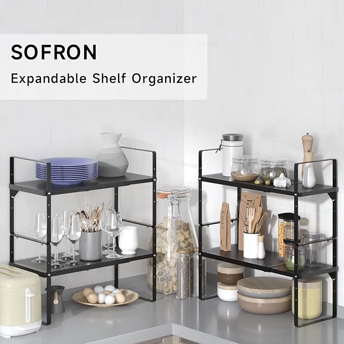 SOFRON Expandable Cabinet Organizer Shelf, Stackable Shelf Riser for Small Kitchen Pantry Desk Cupboard Tabletop Countertop Home Office, Heavy Duty, Black Small 1 Pack