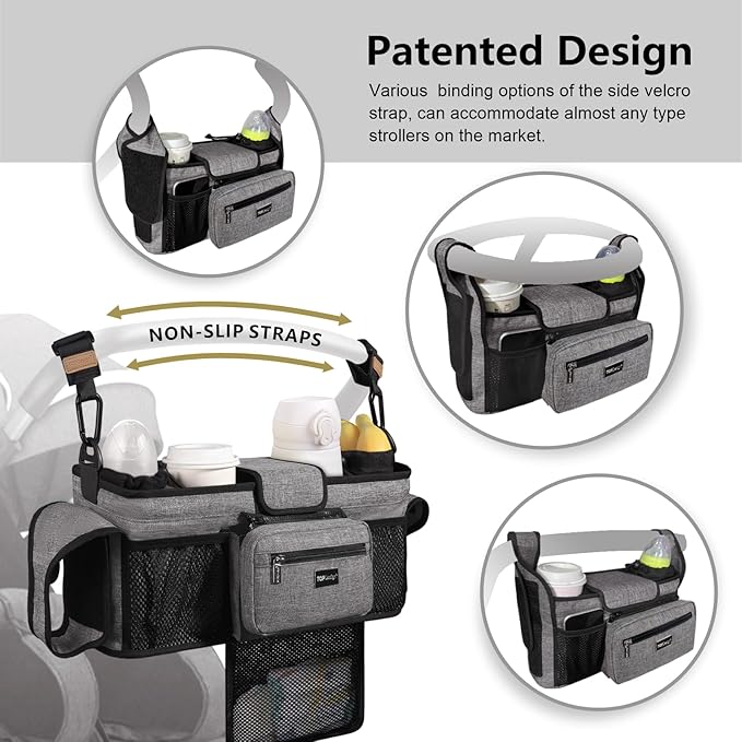TOPDesign Universal Baby Stroller Organizer, Double Stroller Caddy with Detachable Mesh Bag & Heightened Insulated Cup Holders & Non-Slip Secure Hooks Accessories, Fits Most Strollers (Black)