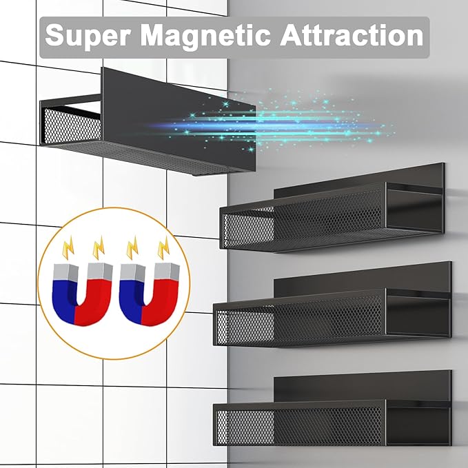 Magnetic Spice Rack for Refrigerator, 4 Pack Magnetic Shelf, Fridge Magnet Organizer with Moveable 8 Hooks, Magnetic Fridge Shelf for Kitchen Organization and Storage (4 Pack)