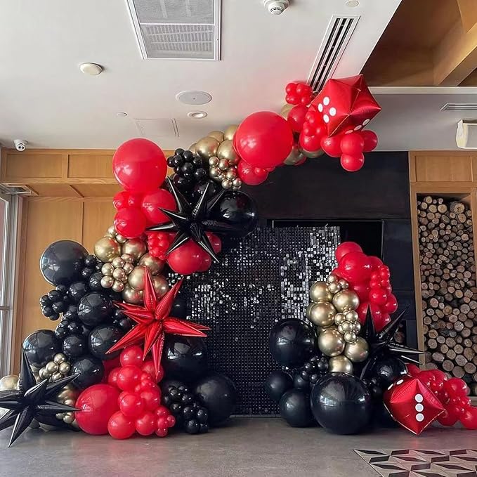 ADOINBY Red and Black Gold Balloon Arch Kit, 140Pcs Explosion Star Black and Red Metallic Gold Balloons 22 18 12 10 5 Inch Different Size Balloons for Birthday Casino Night Movie Night Decorations