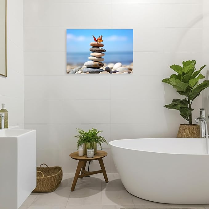 ARTZGX Zen Stone Wall Art Canvas Spa Bathroom Pictures Butterfly Print Meditation Still Life Painting for Yoga Room Decor Frame(Zen - D 28.00" x 42.00")