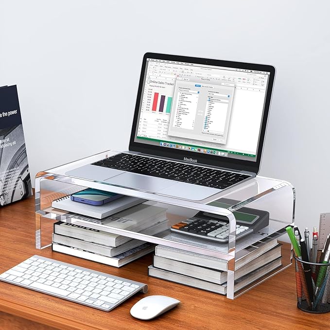Acrylic Monitor Stand, 2-Tier Clear Monitor Riser Computer Stand for Office, Home, 5.12 Inches High PC Desk Stand for Keyboard Storage, Premium Platform for Laptop Printer TV Screen