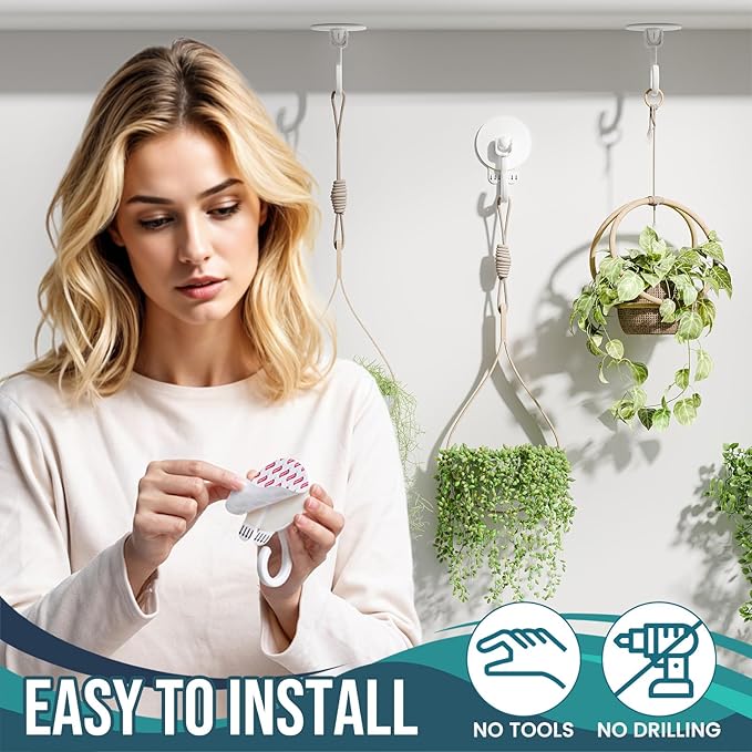 TAILI Adhesive Ceiling Hooks for Hanging Plants, Heavy Duty No-Drill Removable Sticky Wall Hooks Hanging Christmas Lights Garland Coat for Door Kitchen, Renter Friendly - 6 Pack White