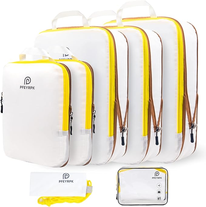 PFEYRPK Lightweight Compression Packing Cubes for Suitcases, Compressible Expandable Travel Packing Organizer with Clear Toiletries and Backpack Bag, Travel Essentials for Carry-on Luggage, 7 Set