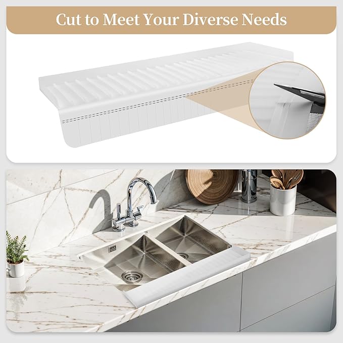 Silicon Sink Edge Protectors for Kitchen Sink, Kitchen Sink Splash Guard, Upgraded Design with Suction Cups, Silicon Sink Protector for Quartz, Granite, Bathtub Splash Guard (White, 24" x 4")