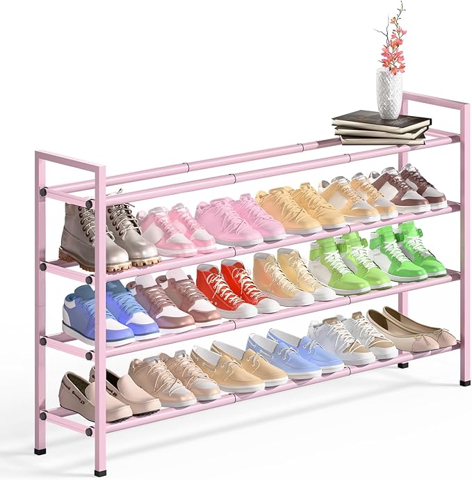 Bumusty 4-Tier Long Expandable Shoe Rack for Closet, 18"-44" Adjustable Shoe Rack for Entryway, 20-24 Pairs Large Shoe Organizer Shelf Storage, Sturdy Metal, Black