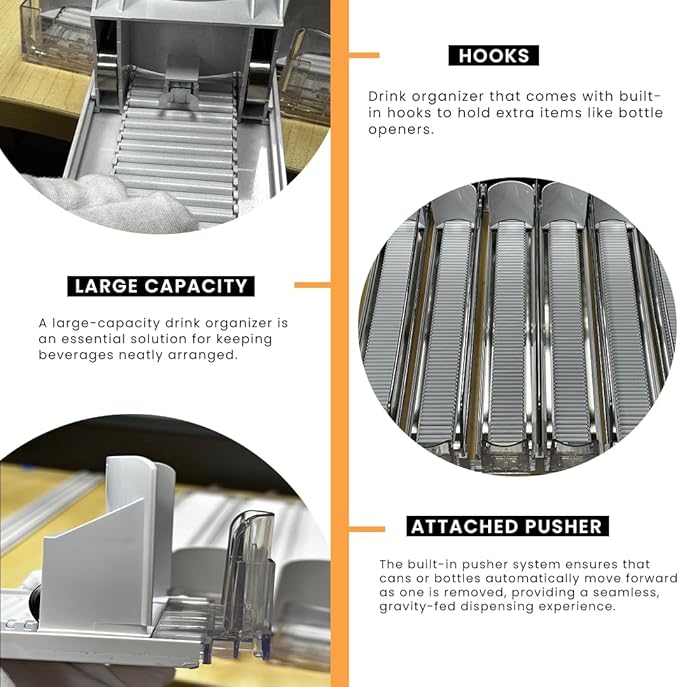 Deviory - Soda Can Organizer with Automatic Can Pusher | Refrigerator Drink Organizer | Beverage Dispenser for Soda, Cans and Bottles | Space-Saving | Stainless Steel | Adjustable Sizes | 6 Rows