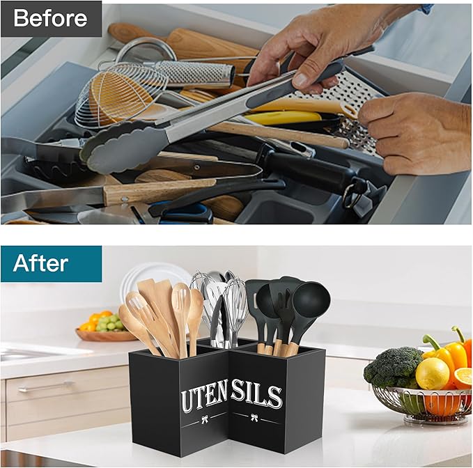 Suli Extra Large Kitchen Utensils Holder with 3 Compartments, Corner Utensil Caddy for Countertop, Wooden Utensil Organizer for Kitchen Countertop, Farmhouse Decor - Black