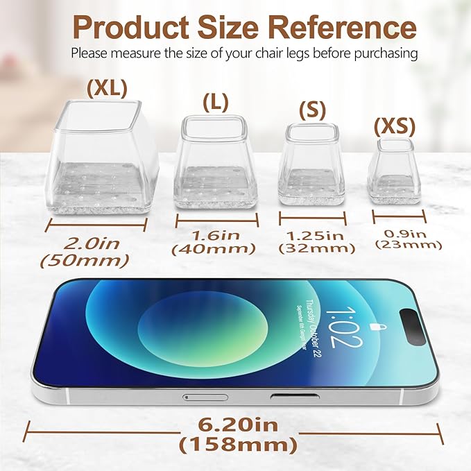 16Pcs Square Chair Leg Floor Protectors with Thickened Felt Pads Silicone Chair Leg Covers Caps to Protect Hardwood Tile Floors Furniture Feet Reduce Noise (Clear L Fit 1.14"-1.42")