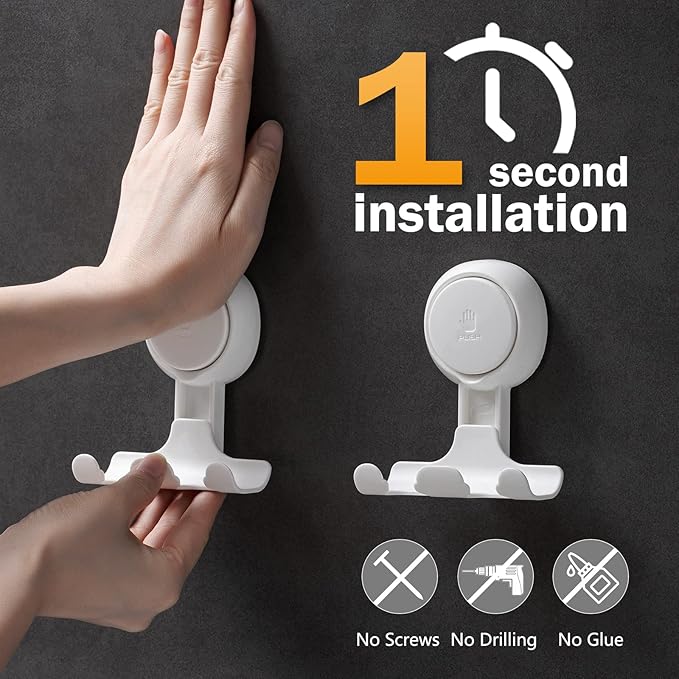LEVERLOC Razor Holder for Shower 2 Pack, Powerful Suction Cup Shower Hooks for Towel, Loofah, Razor, Squeegee, Damage-Free Wall Hooks, Shaver Holder for Bathroom, Easy to Install and Reuse, White