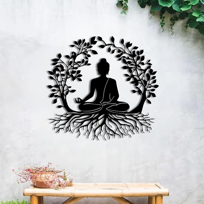 ENJOYOO Tree of Life and Buddha Metal Wall Decor, Tree of Life Wall Art, Buddha Metal Wall Art for Living Room, Bedroom, Outdoor (Black, 19×17in/47×44cm, metal wall art)