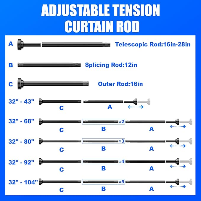 Ausemku Shower Curtain Rod - 32-104 Inch Rustproof Tension Rod, Non-Slip Spring Design, No Drilling Adjustable Curtain Rod for Bathroom, Kitchen, and Closet (Black)