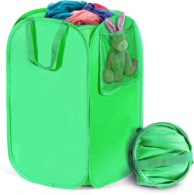 HOUSE AGAIN Upgraded Pop-up Laundry Hamper, Collapsible Laundry Basket with Durable Handles, Solid Bottom, High Steel Frame, Portable Foldable Dirty Clothes Hamper for Dorm, Laundry Room, Travel, Green
