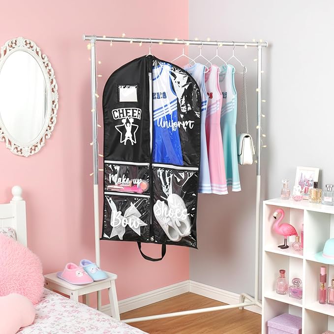 DEEKA Cheer Garment Bag for Hanging Clothes with Zipper Pockets Cheer Accessories Mom Essentials Uniform Costume 40 Inch Black Bags Stuff for Cheerleading Girls (Black,White-Cheer Star Logo)