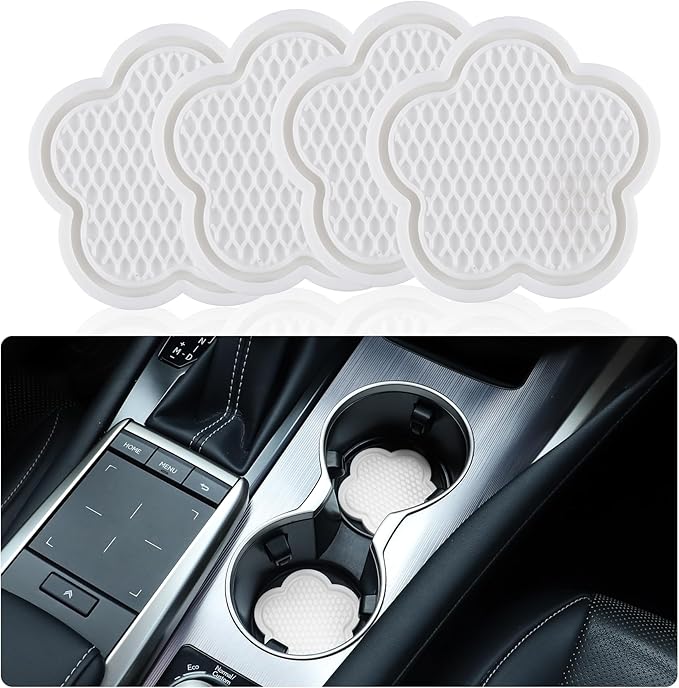 GaRhomxy Car Cup Holder Coaster, Universal Non-Slip Recessed Flower Shaped Cup Holders, Cute Car Accessories Interior for Women and Man Interior Sets 4 Pack (White)