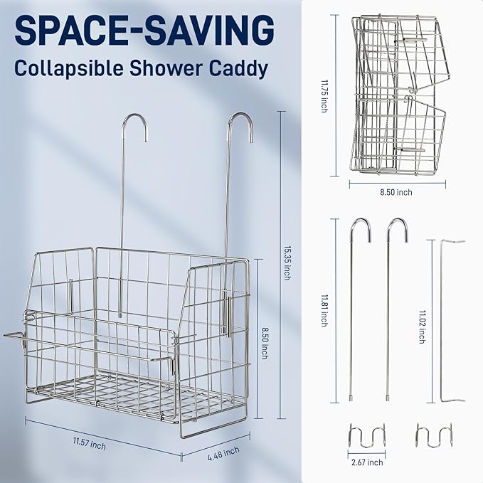 SUTINE Hanging Shower Organizer, Shower Caddy Hanging, Bathroom Storage Rack with Hooks Over the Door, Stainless Steel Rustproof Bathroom Basket Shelf for Bath Faucet or Cross Bar