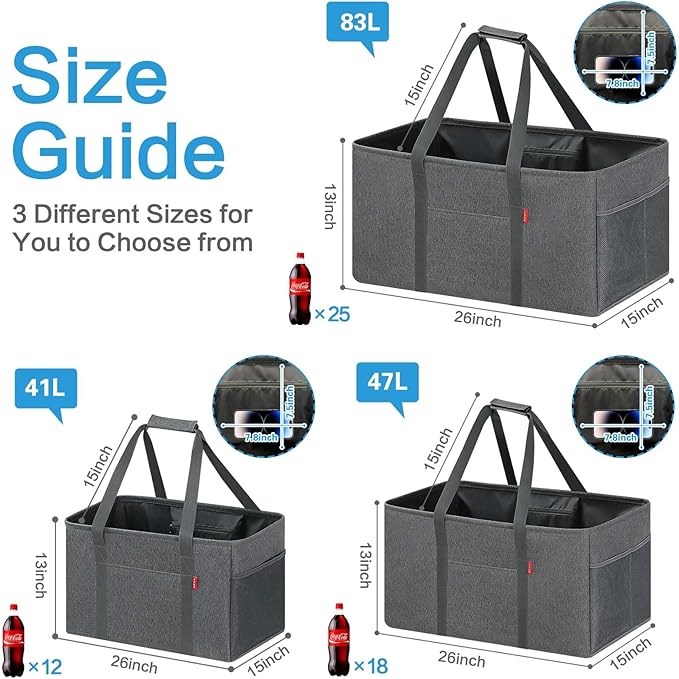 LHZK Standing Extra Large Utility Tote Bag with Metal Wire Frame and the Sides Rinforced, Extra Large Tote Bag with Handle, Reusable Grocery Bags Foldable, Beach Bag, Car Tote (Gray, 26''x15''x13'')