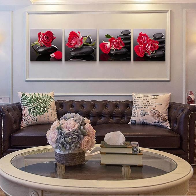 Yxbhhym-Black Red Canvas Wall Art Bedroom Stones Zen Wall Decor Rose Pictures Floral Poster print Spa Bathroom Wall Art for Living Room Decoration Kitchen Accessories Room Decor Framed Artwork