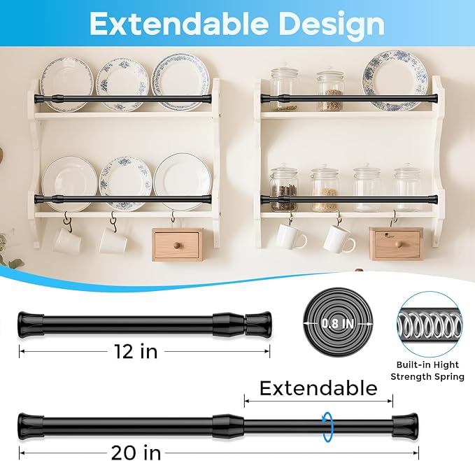 Tension Curtain Rod 12-20inches Small Tension Rods Black Adjustable Spring Tension Curtain Rods 2 Pack Mini Curtain Rod Short for Cupboard Closet Rod Kitchen Drawers No Drill Cupboard Cabinets