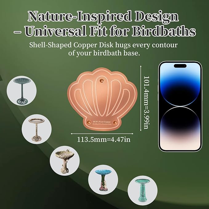 Bird Bath Copper Disk, 2pcs Shell Shaped 99.99% Pure Copper Cleaning Disc Plate for Physical Safe Water Purification All-Season for Outdoor Wildlife Bird Bowls Birdbaths Solar
