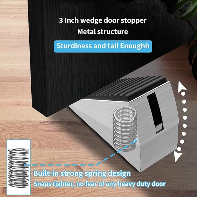 Strongest Door Stoppers for Bottom of Door- Spring Heavy Duty Door Stop Wedge, 3 Inch High Adjustable Metal Rubber Large Doorstop Strong Grip, Suits Carpet, Tile, Home, School, Commercial