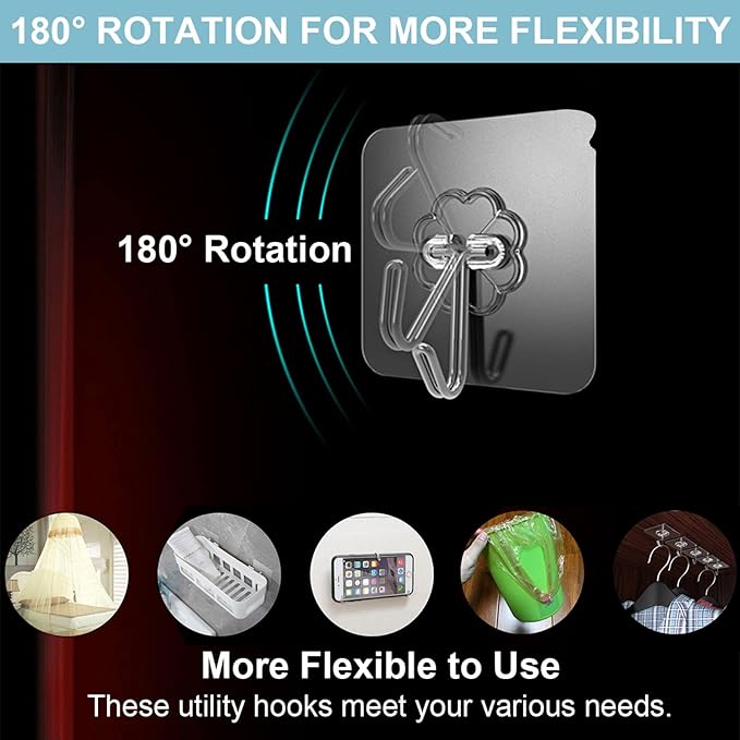 WOVU Wall Hooks - 33 lbs Max, Transparent, Seamless, Waterproof & Oilproof - Heavy Duty Adhesive Coat & Towel Hooks (20 Pack)