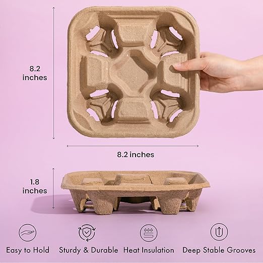 FMP Brands 4 Cup Disposable Drink Carrier Trays, 45 Pack Compostable Pulp Fiber Cup Holder for 8-32 oz Cups, Durable To Go Coffee Cup Holders for Delivery Service, Uber Eats