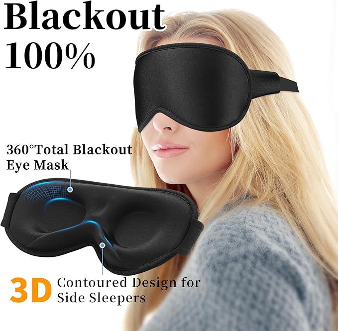 3D Sleep Mask for Men&Women, 2 Pack Contour Eye Masks for Sleep, Side Sleeping Mask for Men&Women, Blackout Eye Mask for Sleeping Eye Mask, Airplane Travel Essentials, Meditation Black Cooling Silk