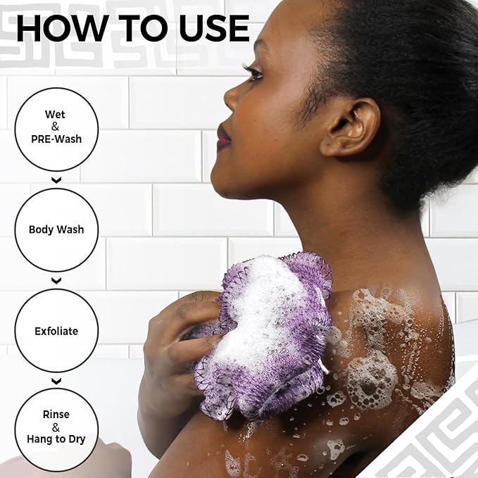 Back Scrubber for Body - 2 Pieces Authentic African Net Sponge with Knots - Exfoliating Washcloth for Afro Scrubber Seawave & Lilac - Shower Exfoliator for Women Self Care Body Loofah Bath Essentials