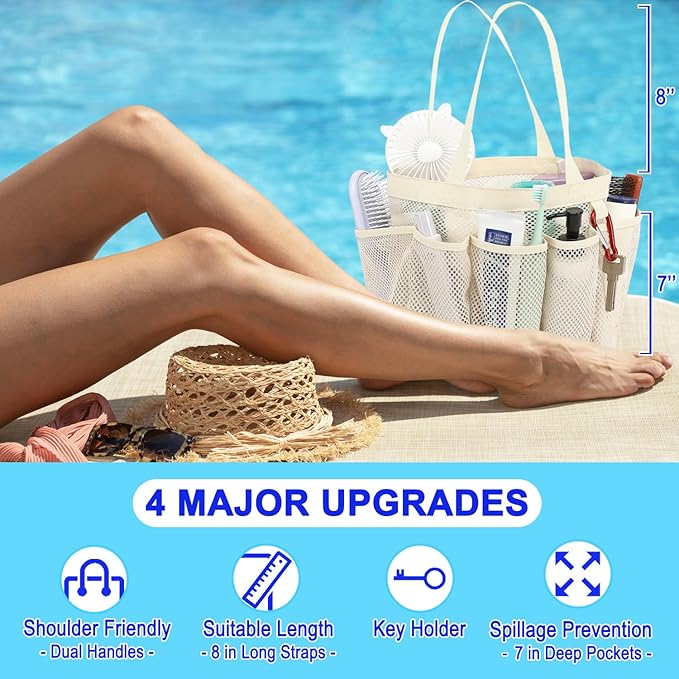 Fammart Mesh Shower Caddy Portable for College Dorm Room Essentials, 8-Pocket Large Shower Basket Tote Bag with 2 Handles for Toiletry, Bathroom, Beach, Camp, Gym