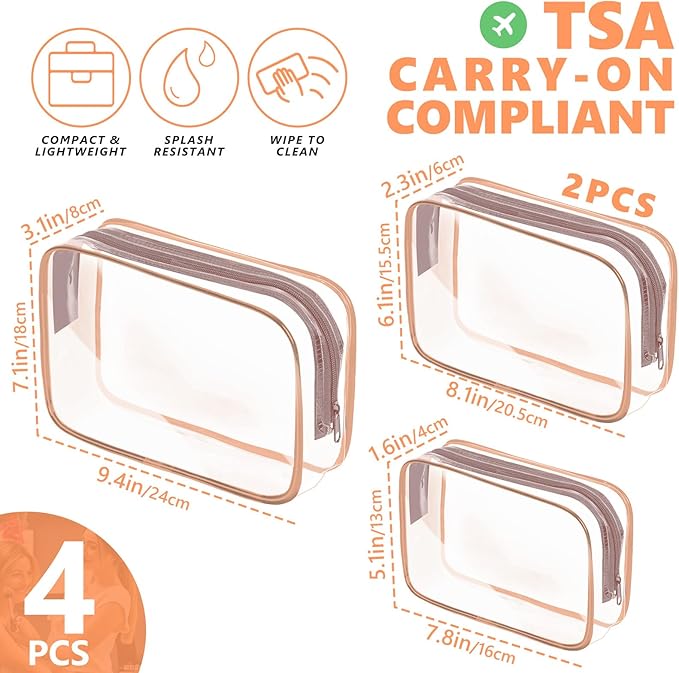 AURUZA Clear Makeup Bag, Portable Travel Toiletry Bags with Zipper, TSA Approved Clear Organizer Bags, PVC Cosmetic Pouch for Airport Airline Compliant