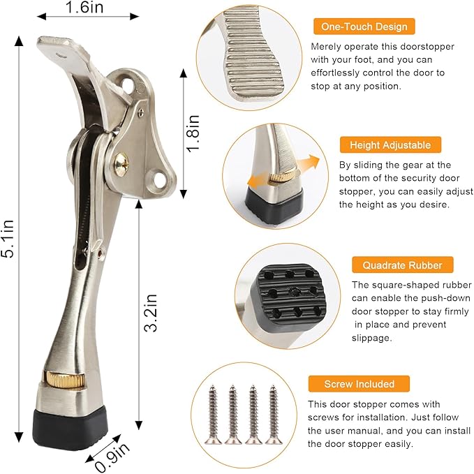 Kickdown Door Stopper 4 Inches - 2 Packs One Touch Adjustable Height Door Stop for The Bottom of Door Aluminum Alloy Metal Door Stopper with Rubber Tip & Wall Protectors for Wide Doors Silver