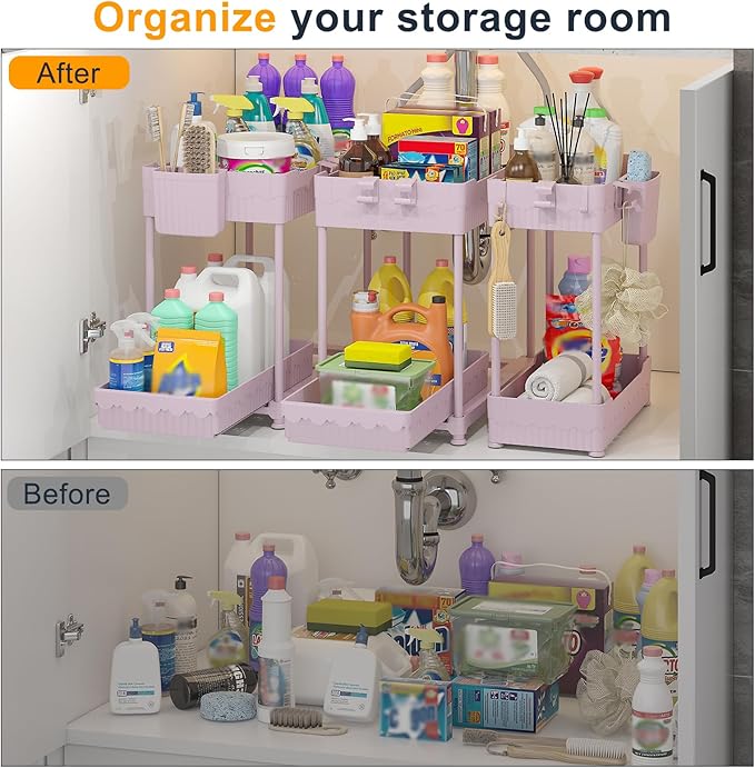 3 Pack Under Sink Organizers, 2-Tier Multi-Use Kitchen and Bathroom Organizers and Storage with Sliding Drawers, Bathroom Cabinet Organizer (Pink, 14.8 Inch)