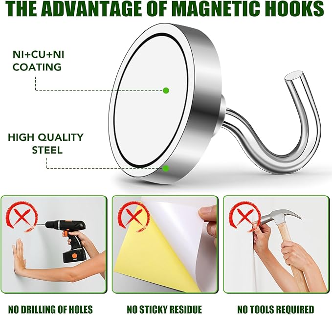 MIKEDE Magnetic Hooks Heavy Duty,50lbs Earth Magnets with Hooks for Refrigerator, Strong Magnets with Rust Proof Metal Hooks for Cruise Cabins, Outdoor Hanging BracketsClassroom, Outdoor - 12 Pack