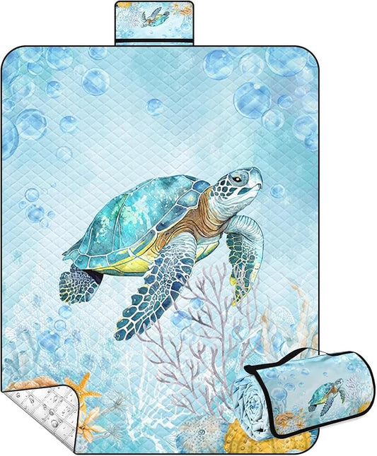 Waterproof Picnic Outdoor Blanket, 79" x 59" Sandproof Foldable Large Picnic Blanket for Beach, Camping, Park, Travel, Concert, Great Gift for Families and Couples (Blue Cute Turtle)