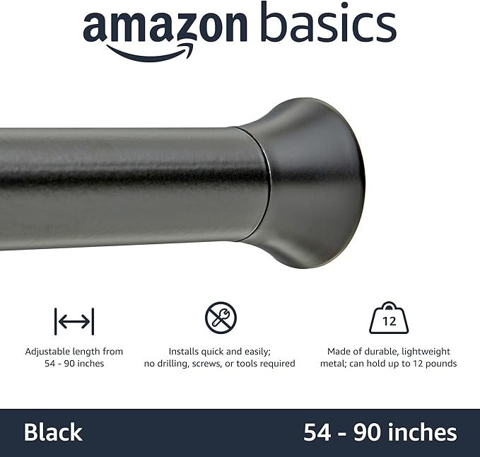 Amazon Basics No Drill Adjustable Sturdy Spring Tension Curtain Rod, 54-90", Black, Classic Finial
