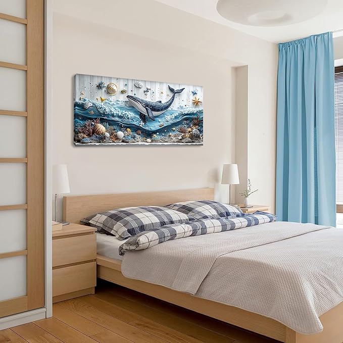 ZESTRILIA Ocean Whale Wall Art for Kids Room Navy Blue Marine Organism Underwater World under the Sea Canvas Painting Prints Artwork Family Living Bedroom Decor (30x16 Inches)