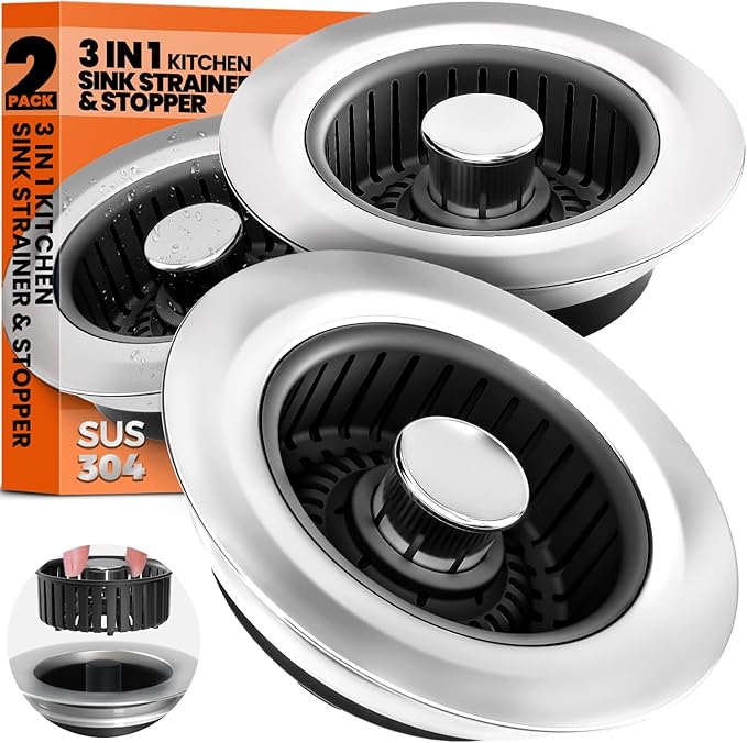 Sink Drain Strainer - Sink Stopper, 3-in-1 Kitchen Stainless Steel Drain Plug with Anti-Clog Basket, Pop-Up Cover Fits Standard 3-1/2” Openings for Double Bowl Kitchen Sinks,Black