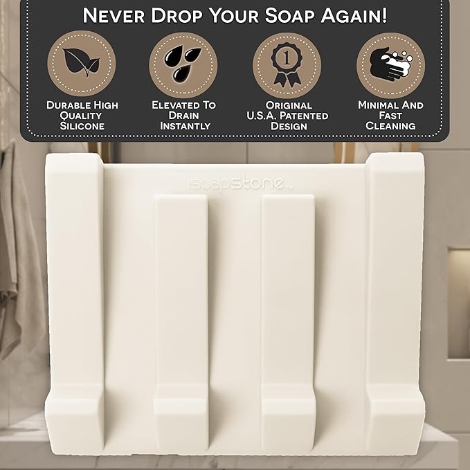 iSoapStone Silicone Soap Dish (USA Patented) Self Draining Bar Soap Holder for Shower Bathroom Sink, Drying Soap Dish Tray Sponge Holder Easy Cleaning Soap Saver Travel Accessories (Beige, 2)