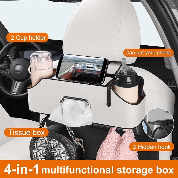 Sancaral Car Rear Backseat Extra Multifunctional Drink Cup Holder Organizers with Tissue Storage Box Organizer & Hooks for Car Seat Back. White