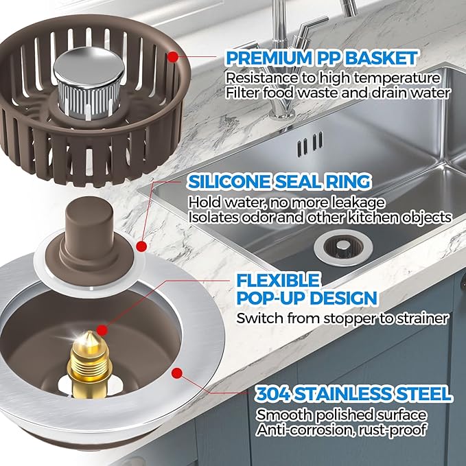 Upgraded 3-in-1 Kitchen Sink Drain Strainer & Sink Stopper, Stainless Steel Kitchen Drain Plug & Cover with Anti-Clogging Basket Strainer, Fits US Standard 3-1/2'' Sink Drain Hole, Brown