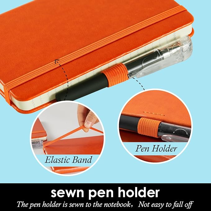 Small Journal Notebook, 3 Pack Mini Pocket Notepads with Pen for Work Writing, Small Leather Note Book Note Pad with 100GSM Premium Paper, No Bleed, 3.7" x 5.7", Orange