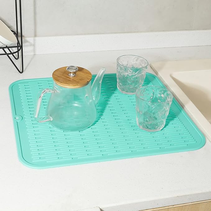 MicoYang Silicone Dish Drying Mat for Multiple Usage,Easy clean,Eco-friendly,Heat-resistant Silicone Mat for Kitchen Counter or Sink,Refrigerator or Drawer Liner Mint XL 18 inches x 16 inches