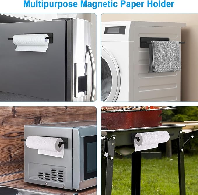 Paper Towel Holder Black, Toilet Paper Roll Holder Magnetic Towel Rack No Drilling Fridge Organizer Shelf for Towels Rolls Bar Bathroom Toilet Pantry RV Essentials Kitchen Organizer and Storage 2 Pack