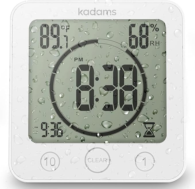 KADAMS Shower Clock Waterproof Bathroom Timer – Digital Wall Clock with Countdown, Magnetic Kitchen Clock with Temperature & Humidity, Suction Cup for Kids Shower Spa Sauna Cook Bath, White