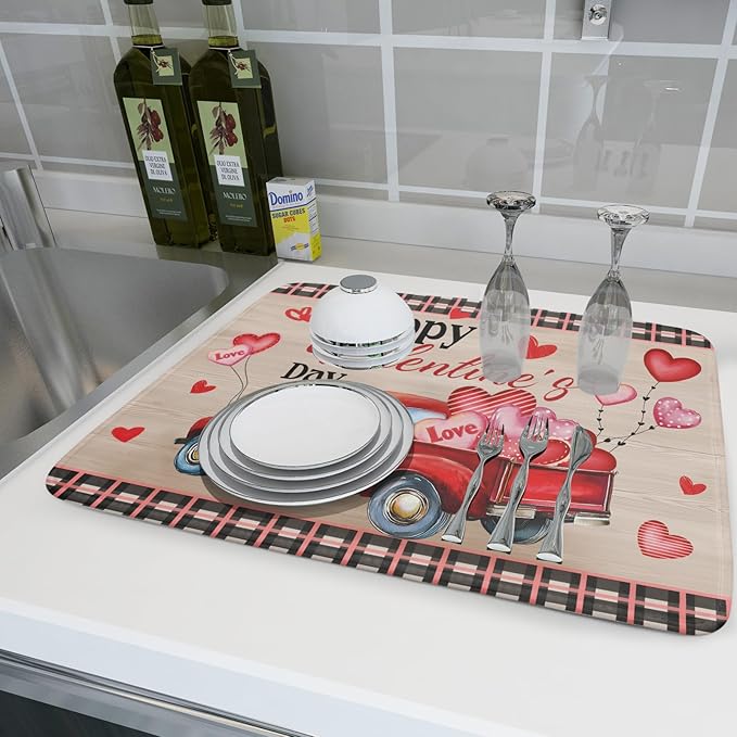 Valentine's Day Truck Dish Drying Mat 18x24 inch Love Heart Washable Absorbent Dishes Pad Dish Drainer Mat for Kitchen Counter Sink Coffee