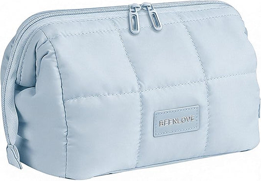 Makeup Bag Travel Toiletry Bag - Puffy Padded Make Up Bag, Waterproof Cosmetic Bag with Multiple Compartments, Wide-open Makeup Pouch for Cosmetics, Toiletries, and Travel Essentials, Blue