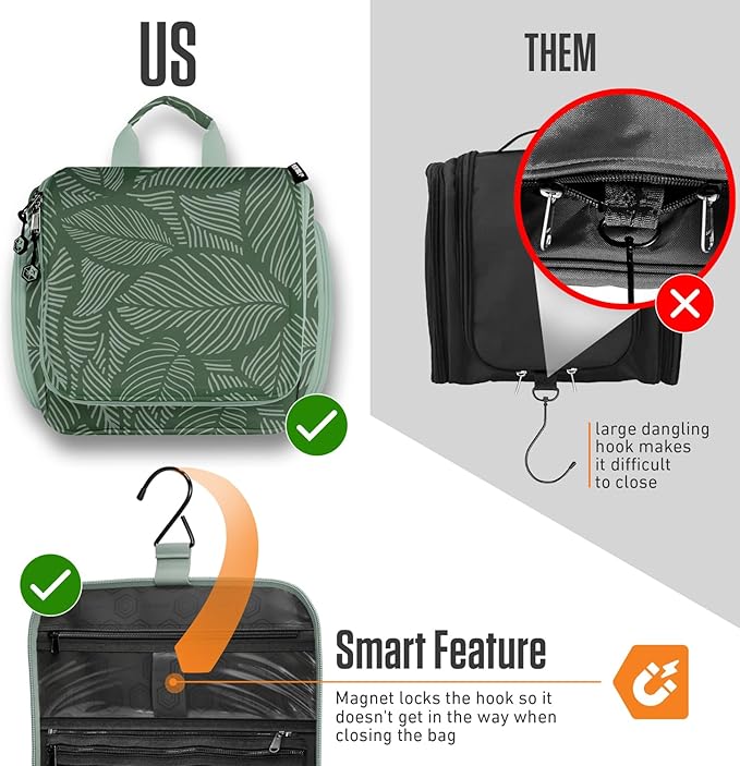 VENTURE 4TH Hanging Travel Toiletry Bag for Women & Men – Large Toiletry Organizer with 17 Compartments, Removable TSA Pouch, Travel Wash Bag for Toiletries, Makeup & Shaving Kit (Green Leaves)